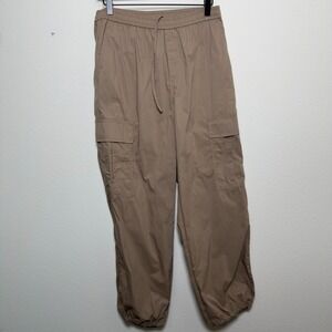 Uniqlo Women Easy Cargo Pants Joggers Large Tan Wide Leg Baggy Pull On Streetwea